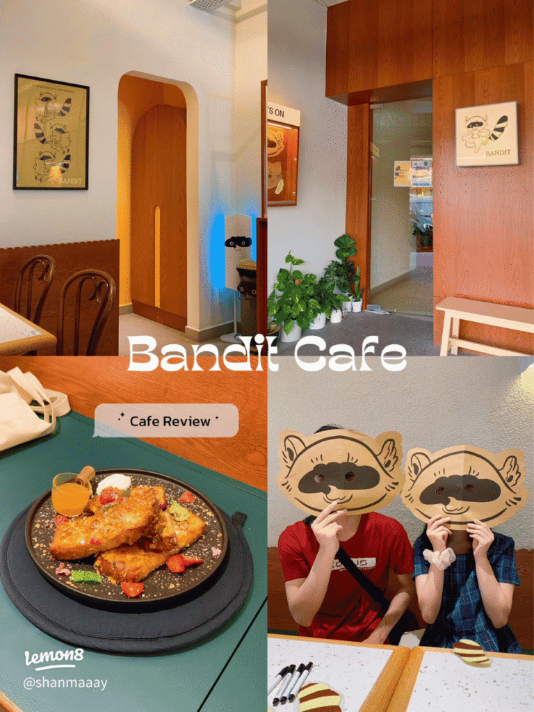 Collage of Bandit Cafe's interior, a brunch plate and diners holding raccoon face cutouts