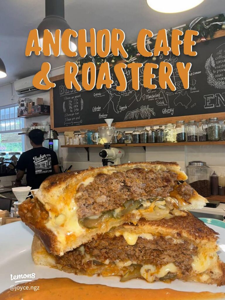 A thick toasted beef-and-cheese sandwich at Anchor Cafe & Roastery, Batam