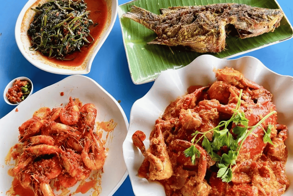 Grilled fish, sambal prawns and chilli crab at Golden Prawn 933, Batam