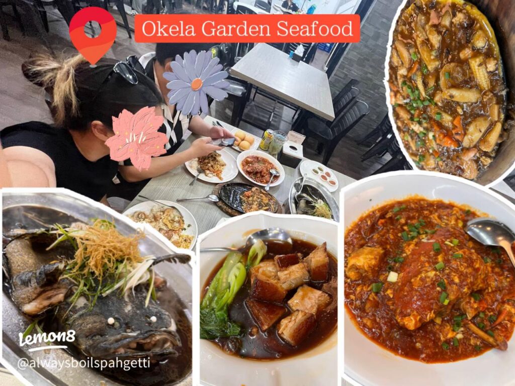 A seafood spread of steamed fish and chilli crab at Okela Garden, Batam