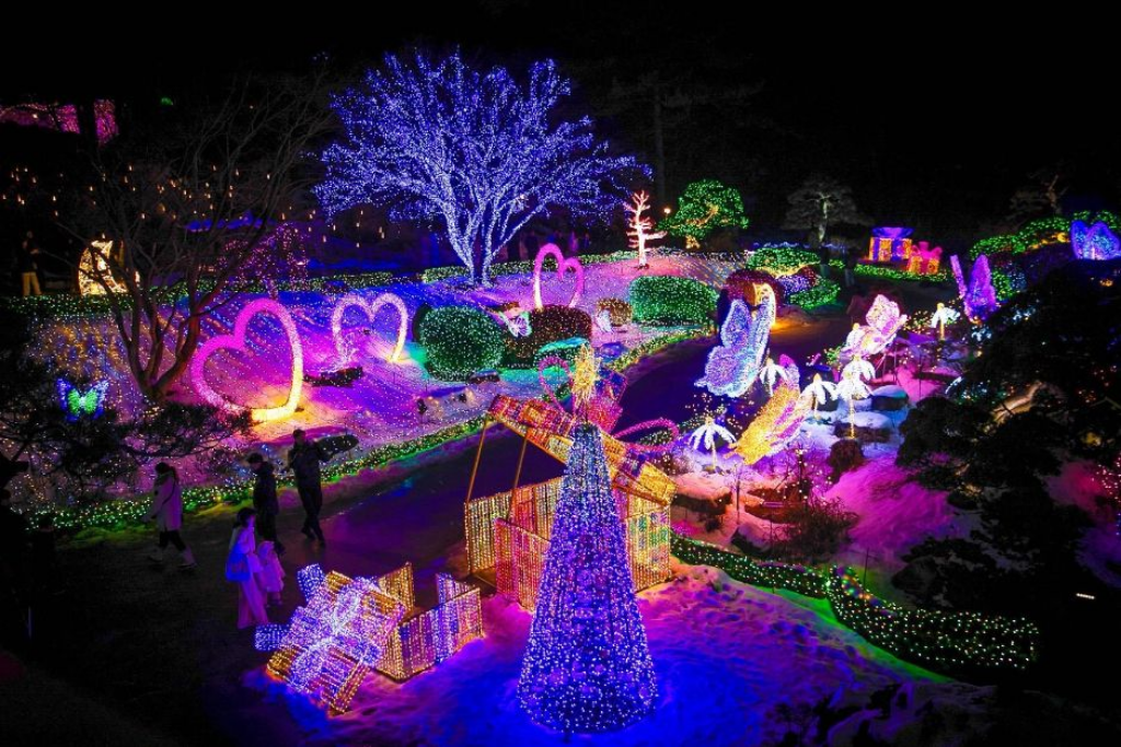 Garden of Morning Calm illuminated with winter lights after dark