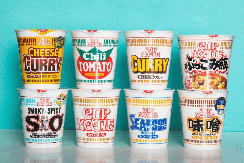 Eight Nissin Cup Noodle cups in Japan-exclusive flavours including cheese curry, chili tomato, curry, and seafood
