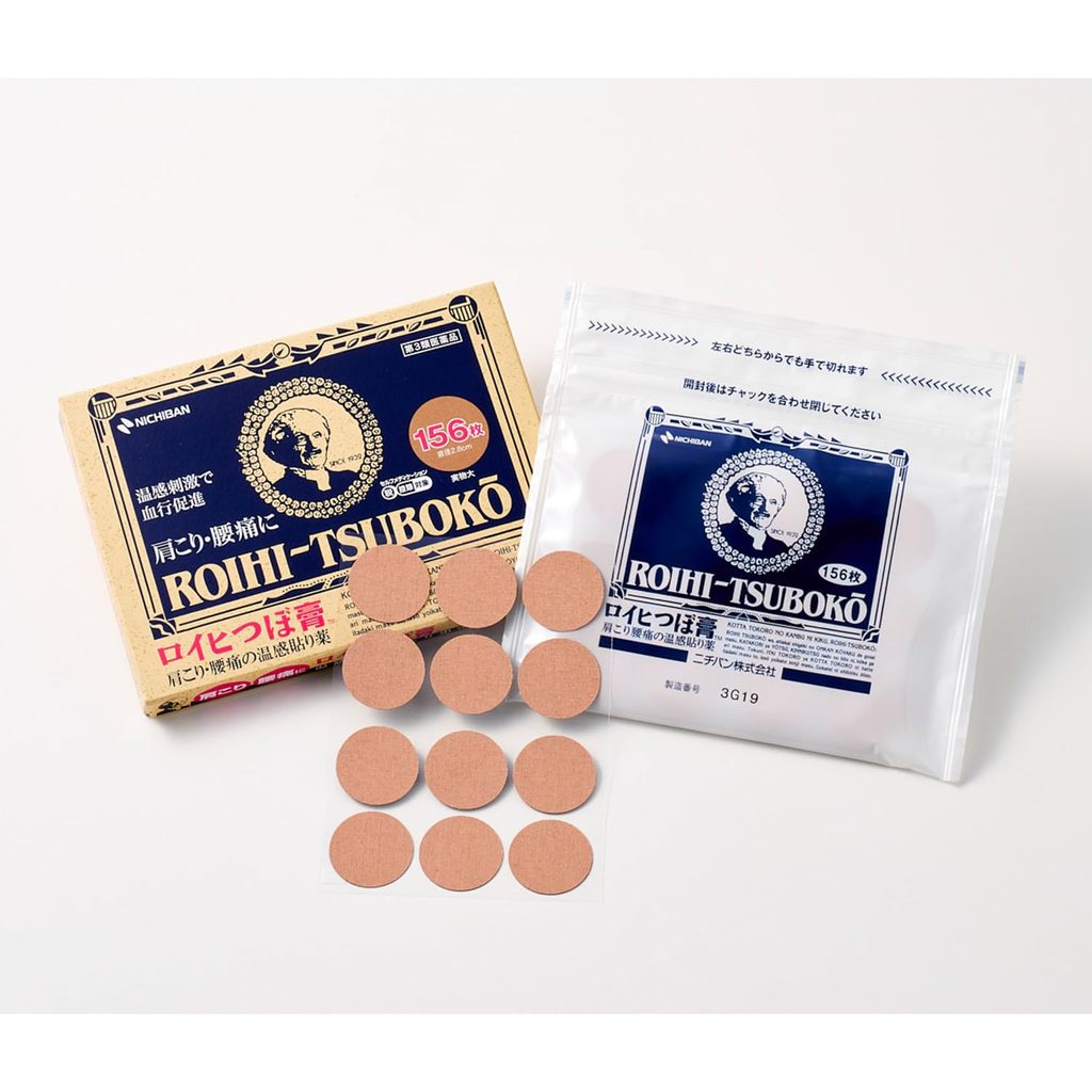 Box and resealable bag of Roihi-Tsuboko warming pain relief patches with individual patches shown