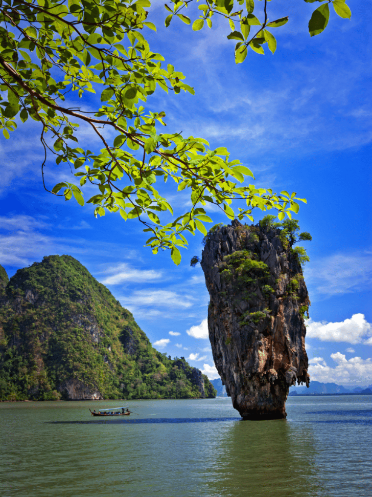 The needle-shaped Ko Tapu rock rising from the sea at James Bond Island, Phang Nga Bay