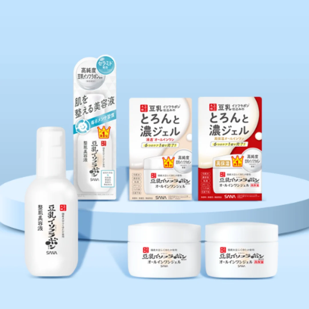 Sana Nameraka Honpo soy isoflavone skincare range, including cleansing oil, lotion, and cream jars