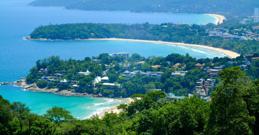 Elevated view over the curving bays of Kata and Karon beaches from Karon Viewpoint