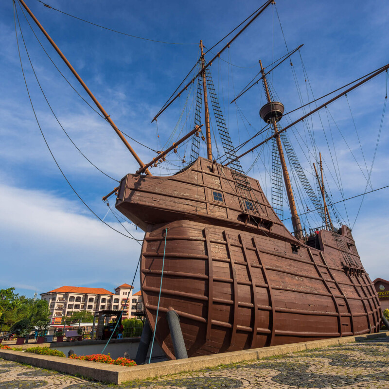 The towering wooden Flor de la Mar Portuguese galleon replica that houses the Maritime Museum
