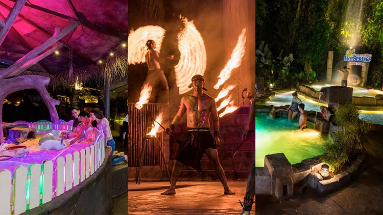 Night scenes at Lost World of Tambun: a petting zoo, a fire dancer and steaming hot-spring pools