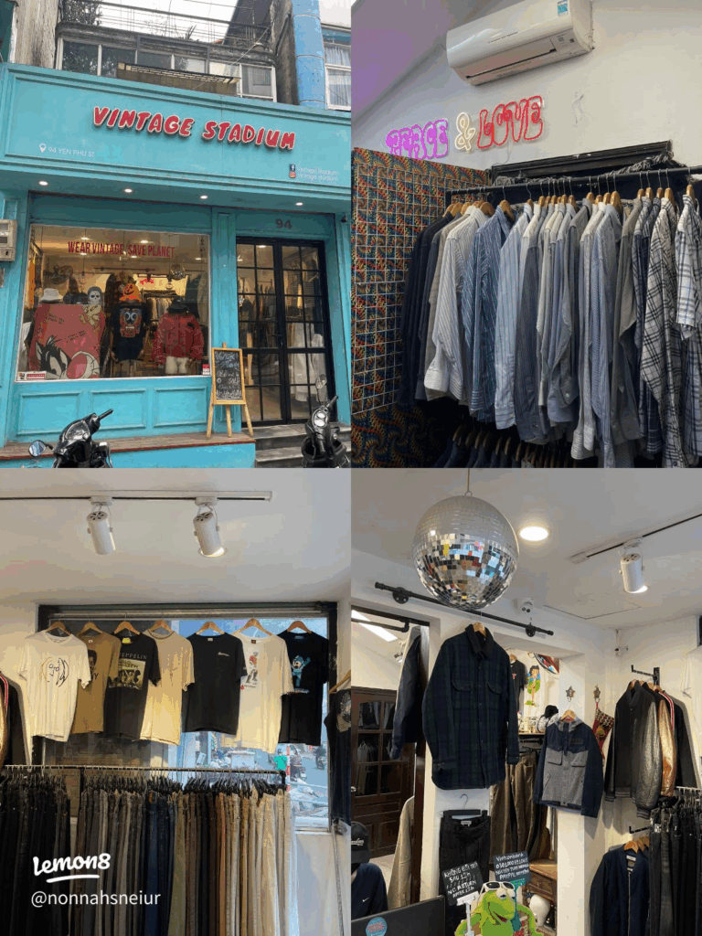 Racks of secondhand clothing crowding a vintage shopfront on Dong Cac Street