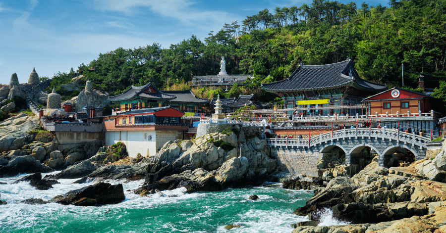 Haedong Yonggungsa Temple pavilions set on rocks above the sea