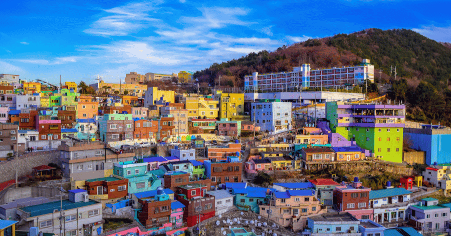Brightly coloured houses climbing the Gamcheon Culture Village hillside