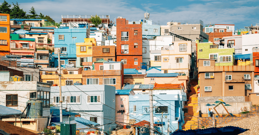 Close-up of brightly painted hillside houses in Busan