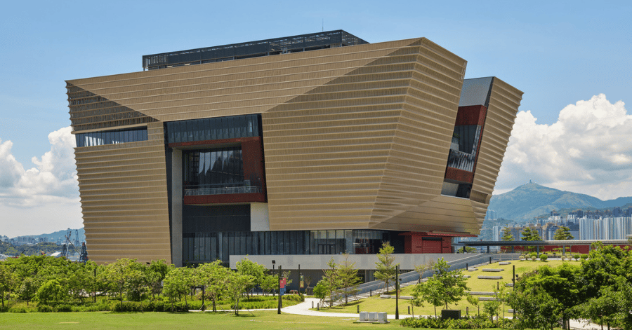 The angular golden facade of the Hong Kong Palace Museum in West Kowloon