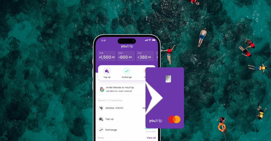 YouTrip app and card shown over a turquoise Bali beach backdrop