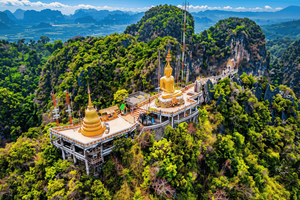 Aerial view of the golden Buddha and pagoda on the summit of Tiger Cave Temple, Krabi