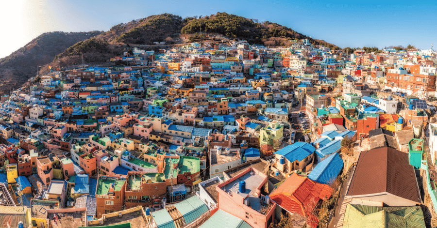 Colourful tiered houses of Gamcheon Culture Village on a Busan hillside