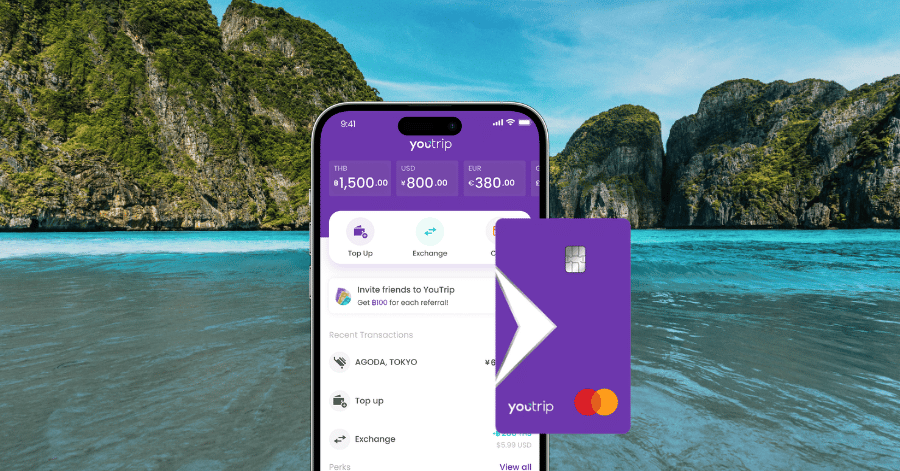 YouTrip app showing a Thai baht wallet and the purple YouTrip card over a Krabi lagoon