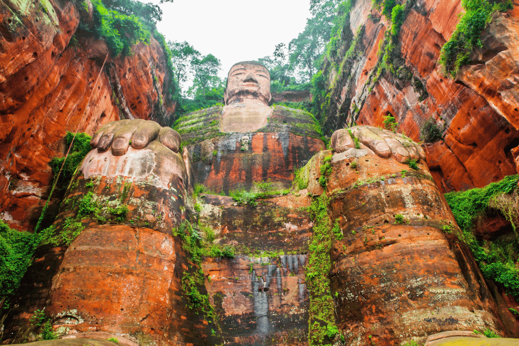 The Leshan Giant Buddha carved into a riverside cliff near Chengdu