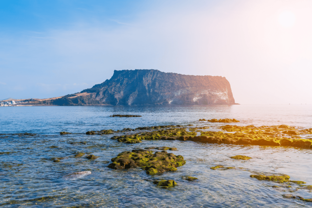 Seongsan Ilchulbong tuff cone rising above mossy tidal rocks at sunrise, Jeju