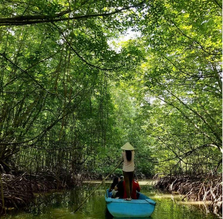 A small blue boat gliding through a green mangrove canal at Can Gio