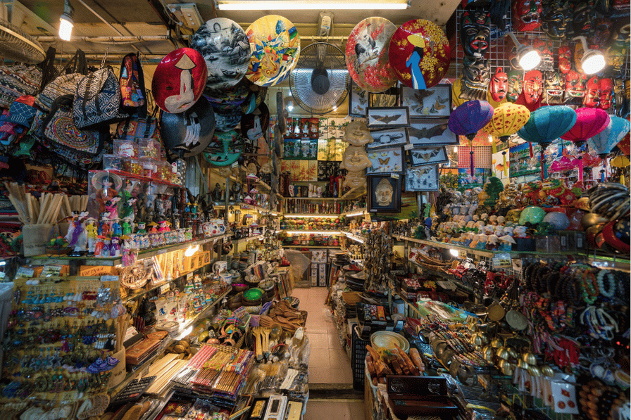 Stalls packed with souvenirs and goods inside Ben Thanh Market, Ho Chi Minh City