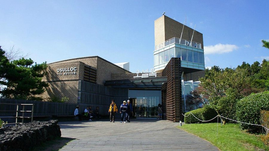 Exterior of the Osulloc Tea Museum with its brick and glass architecture, Jeju