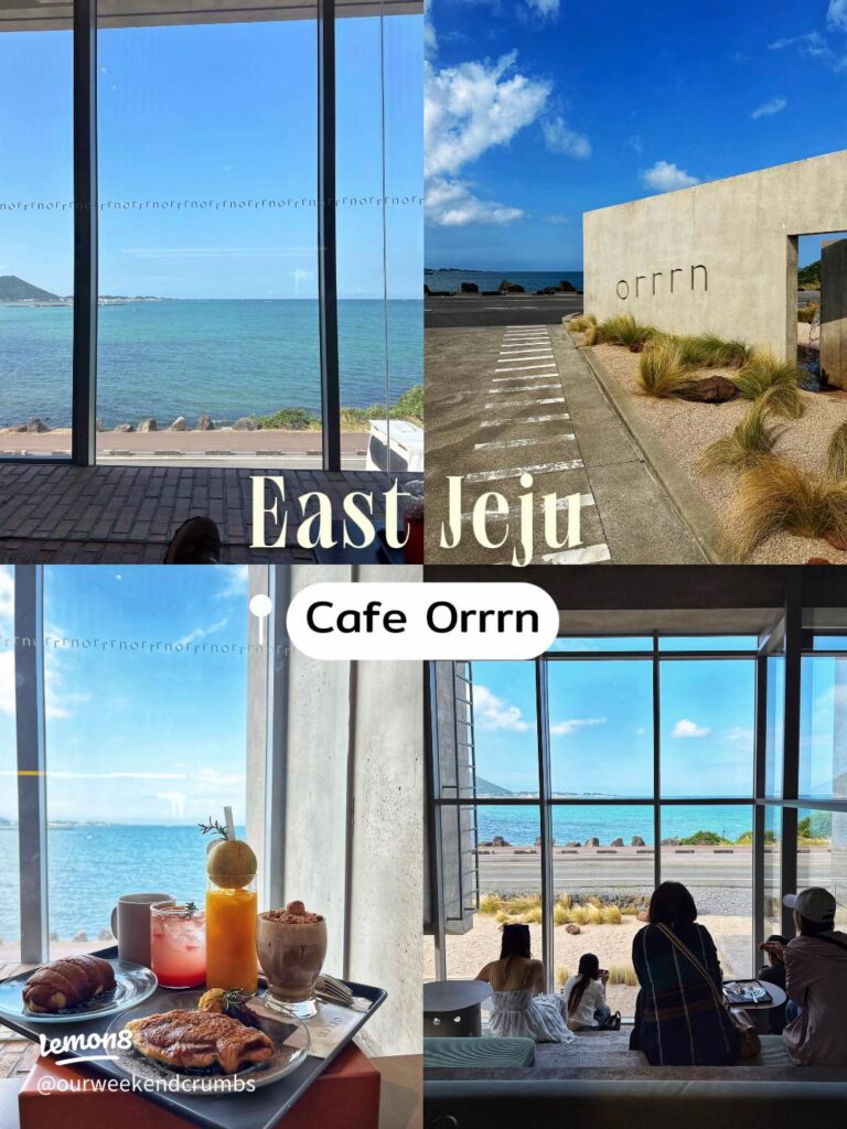 Ocean-view windows, coffee and pastries at the minimalist Orrrn cafe in east Jeju