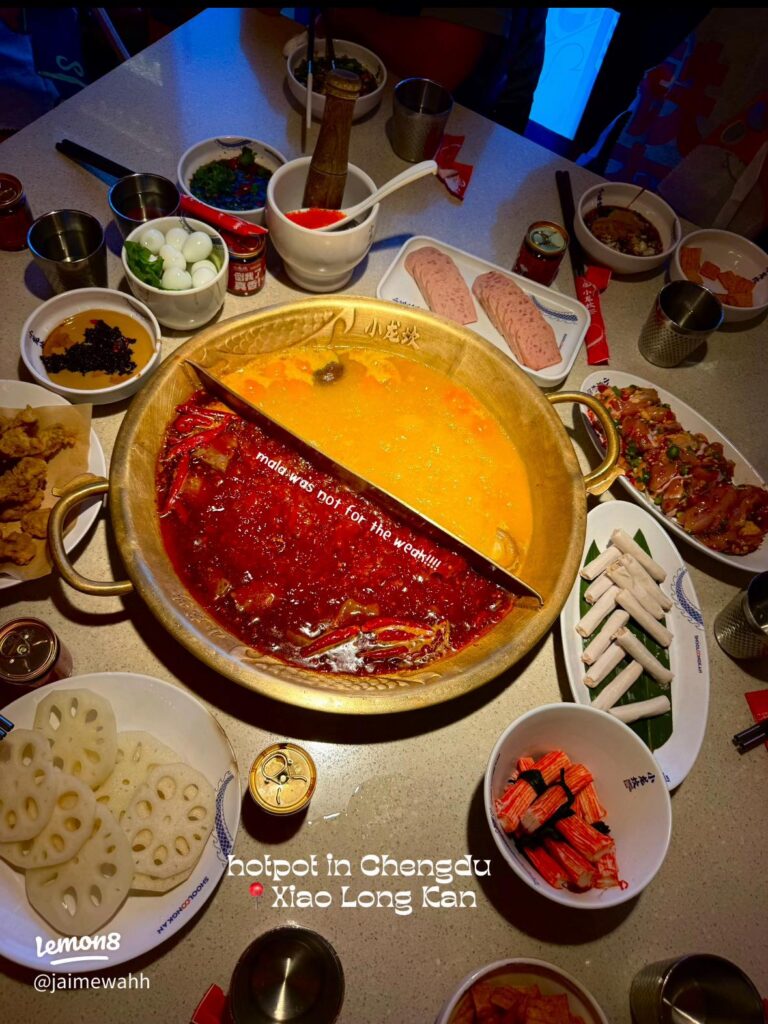 A split-pot Sichuan hotpot with spicy and mild broths, surrounded by side dishes