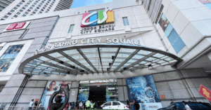 The glass-canopied main entrance of Johor Bahru City Square mall