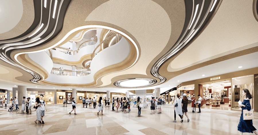 Design render of City Square JB's revamped interior with a sculptural flowing ceiling