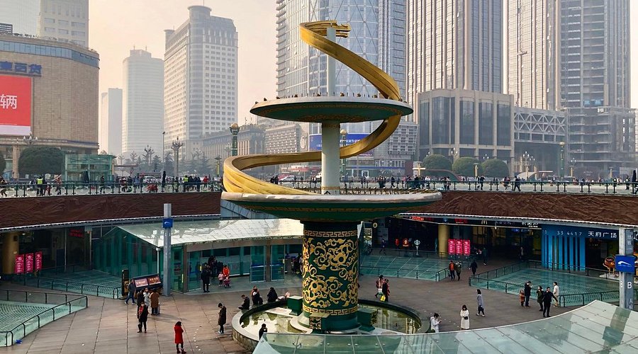 Tianfu Square, the central plaza of Chengdu, with its fountain and open space