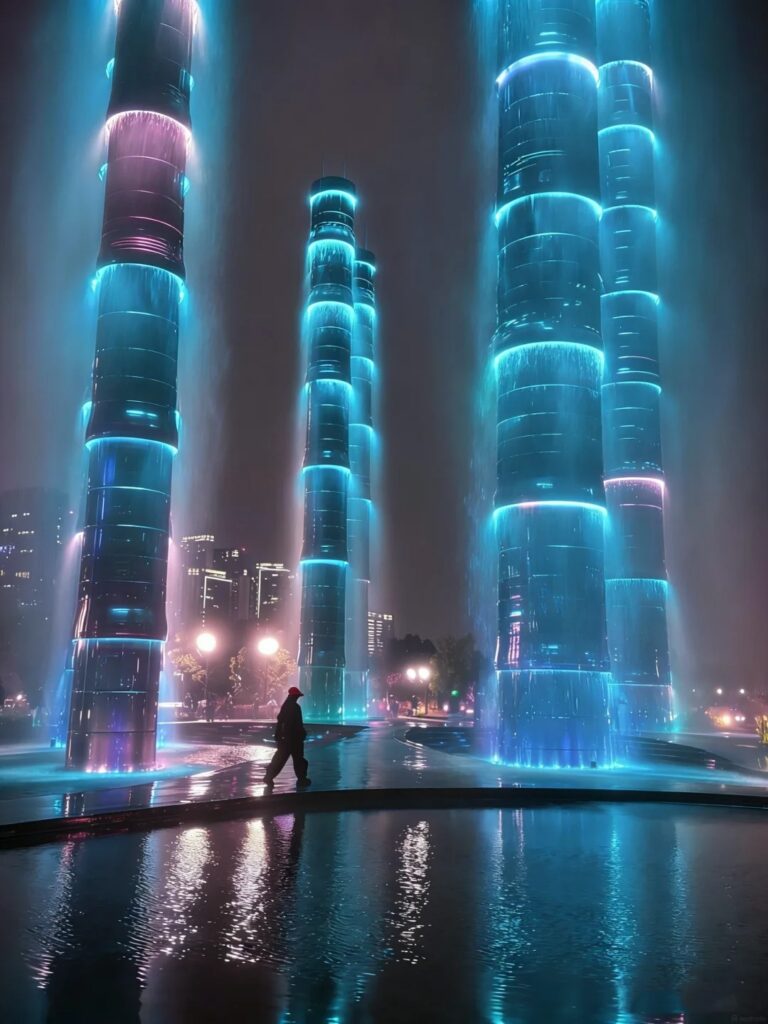 Illuminated bamboo-shaped fountain towers glowing blue at night in Chengdu