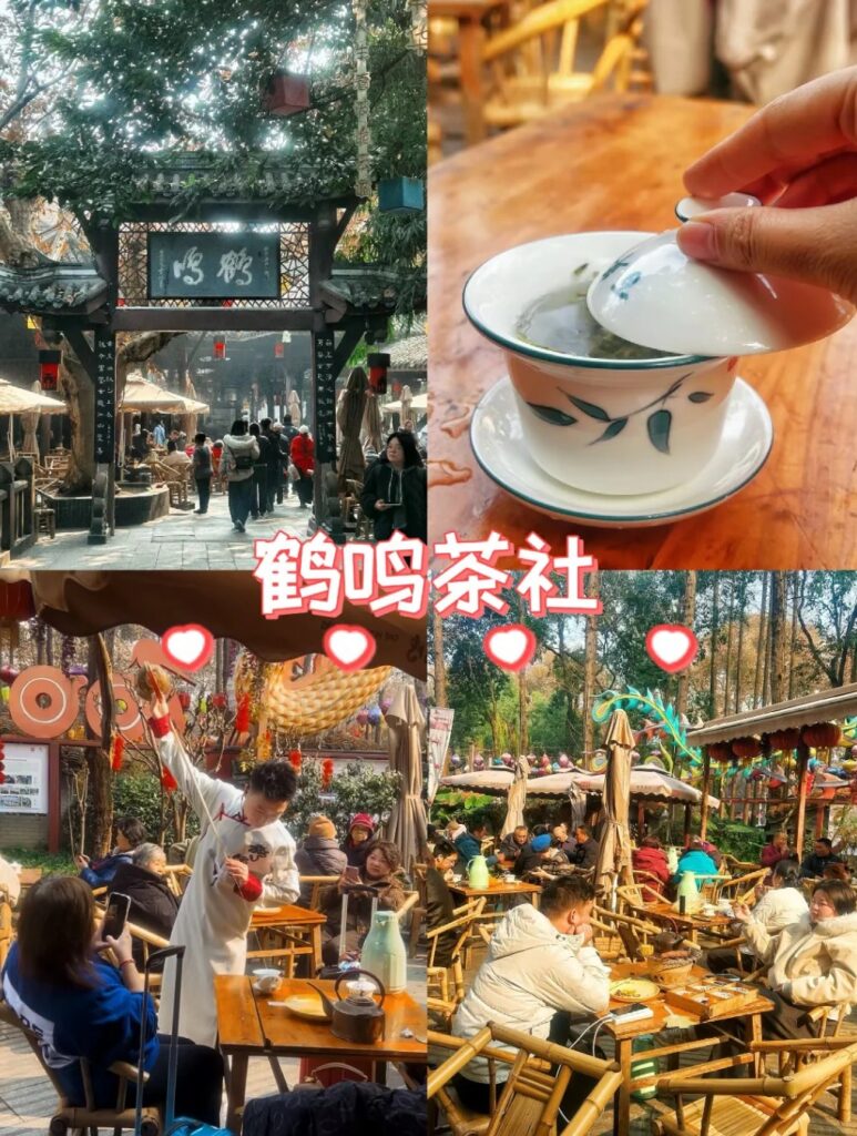 Bamboo chairs and tea sets at Heming Tea House in People's Park, Chengdu