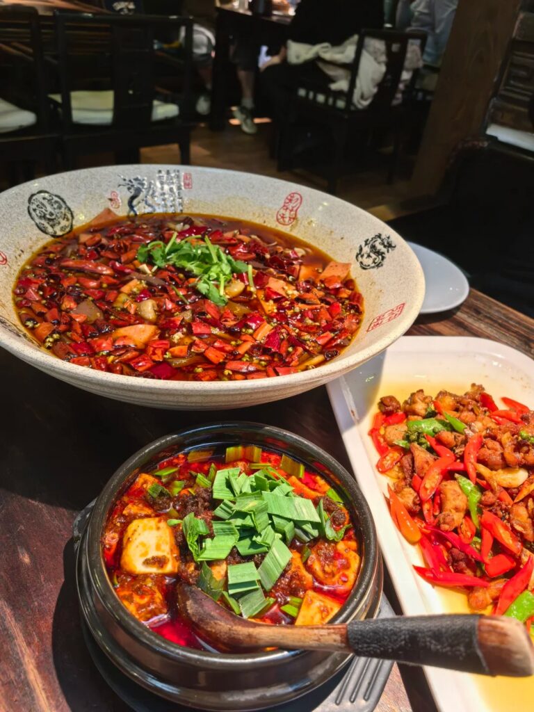 A bowl of mapo tofu in a fiery, numbing bean-paste sauce, Chengdu