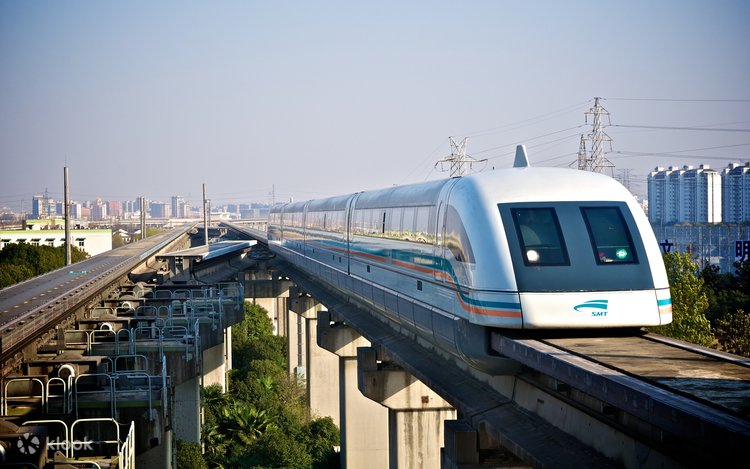The streamlined Shanghai Maglev train speeding along its elevated track