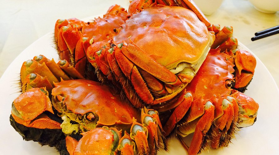 A plate piled with bright orange steamed Shanghai hairy crabs