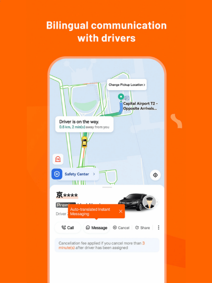 DiDi app screen showing auto-translated instant messaging with a driver who is on the way