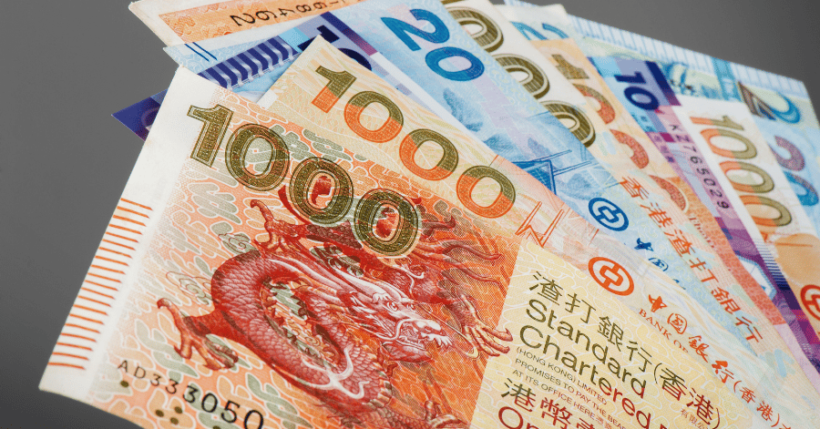 Fanned-out Hong Kong dollar banknotes including the red 1,000 and 20 dollar notes