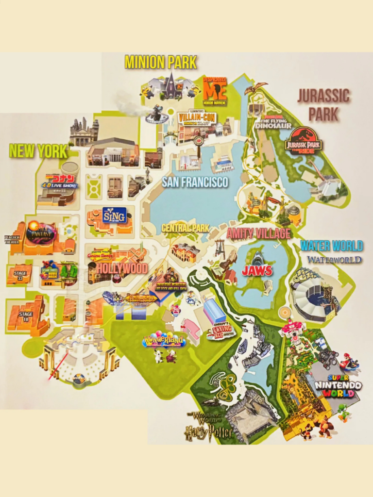 Illustrated Universal Studios Japan park map with all zones labelled, from Minion Park to Super Nintendo World
