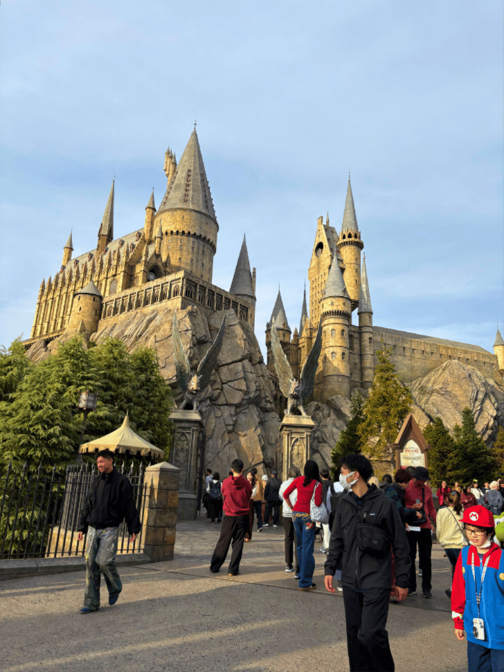 Hogwarts Castle towering over the Wizarding World of Harry Potter, with visitors walking below
