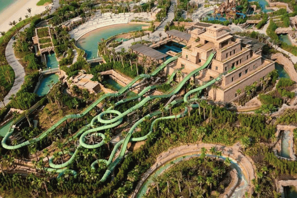 Aerial view of the winding water slides at Aquaventure Waterpark, Atlantis The Palm