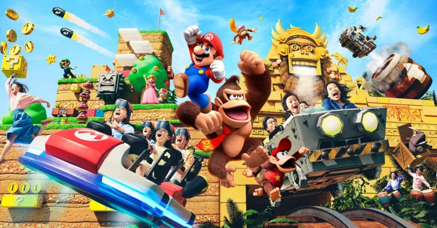 Mario, Donkey Kong and riders on the Mario Kart and Mine Cart Madness rides at Super Nintendo World