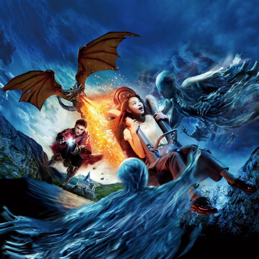 Harry Potter and the Forbidden Journey ride art, flying past a dragon and Dementors with Hogwarts below