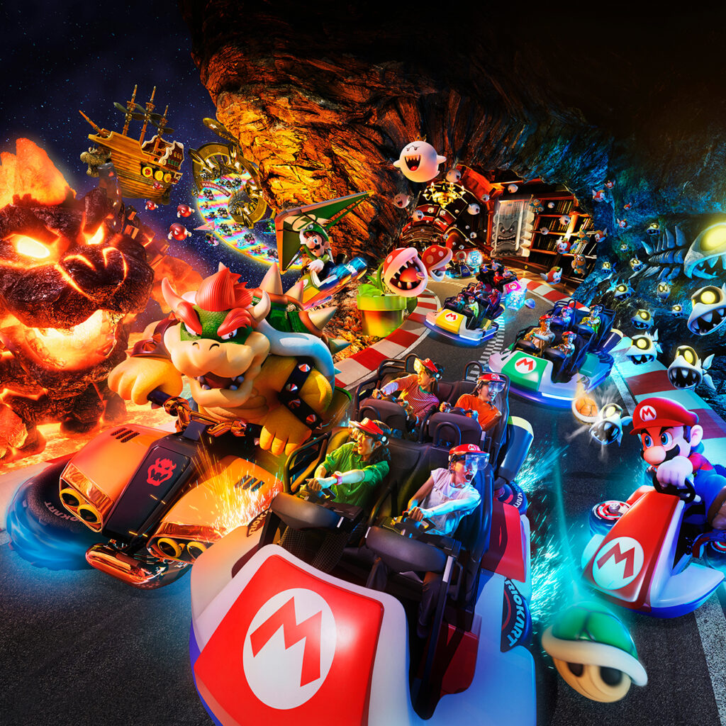 Mario Kart: Koopa's Challenge ride art, with guests in karts racing Bowser through a shell-filled course