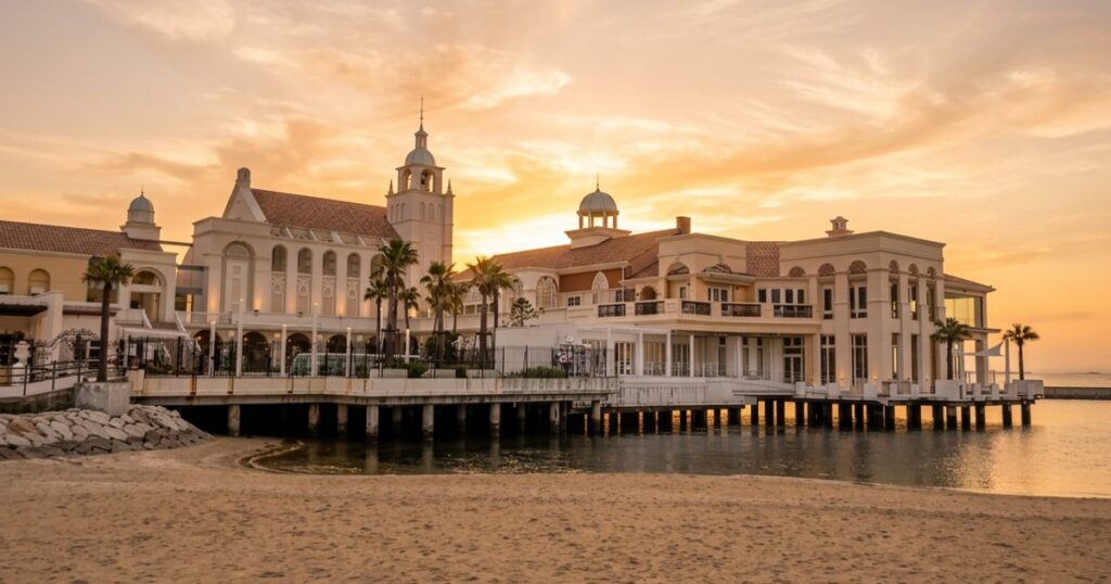 The white Marizon marina and wedding chapel on the water at Momochi Seaside Park at sunset