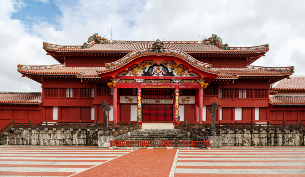 The red Seiden main hall and gate of Shuri Castle in Naha