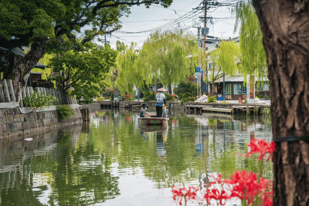 A boatman poling a flat donkobune boat down a willow-lined canal in Yanagawa