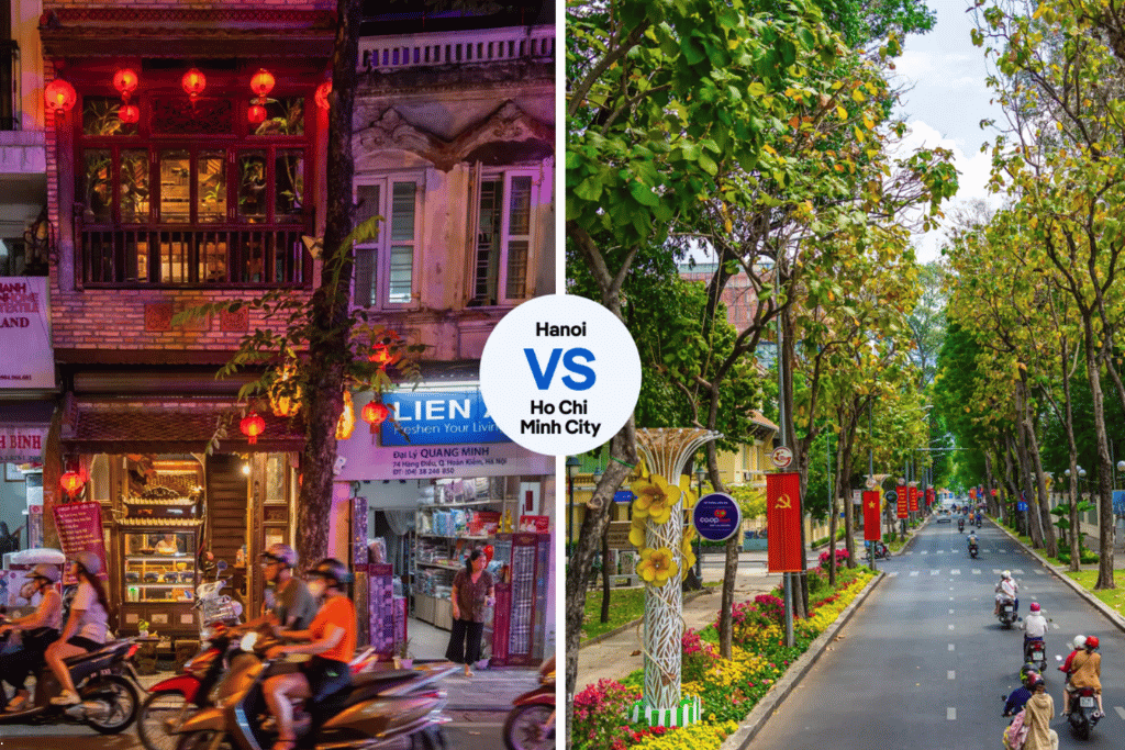 Split image comparing a red-lantern Hanoi shophouse with a tree-lined Ho Chi Minh City boulevard