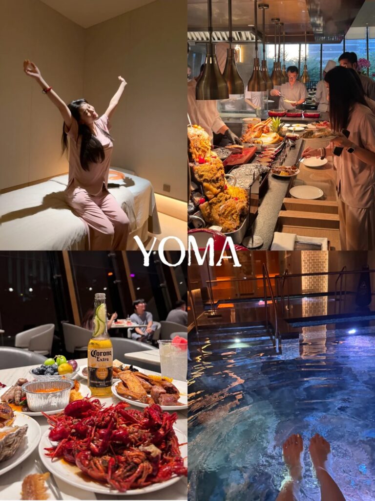 Collage of Yoma Spa's lounge, buffet spread, and soaking pool in Guangzhou