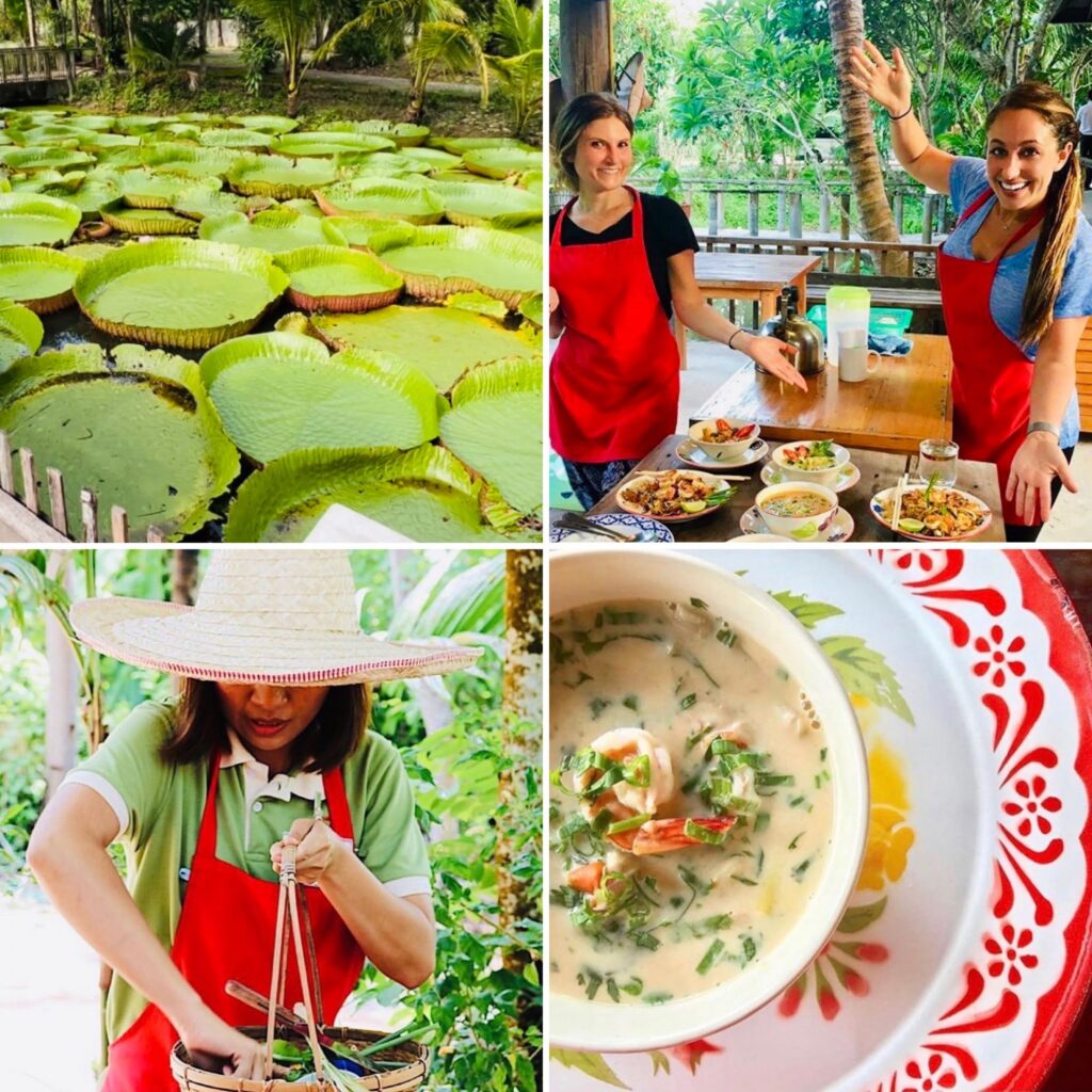 Collage of a Thai cooking class: a farm lily pond, students in red aprons, and a bowl of coconut soup